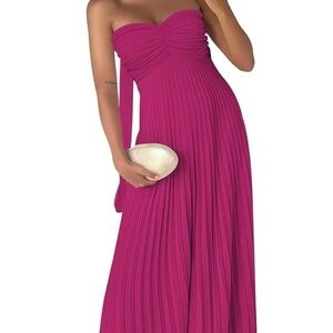 Long Chiffon Pleated Strapless Maxi Evening Gown with Long Scarf